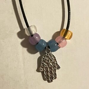 Colorful Glow in the Dark Beaded Necklace with Silver Colored Hamsa Pendant